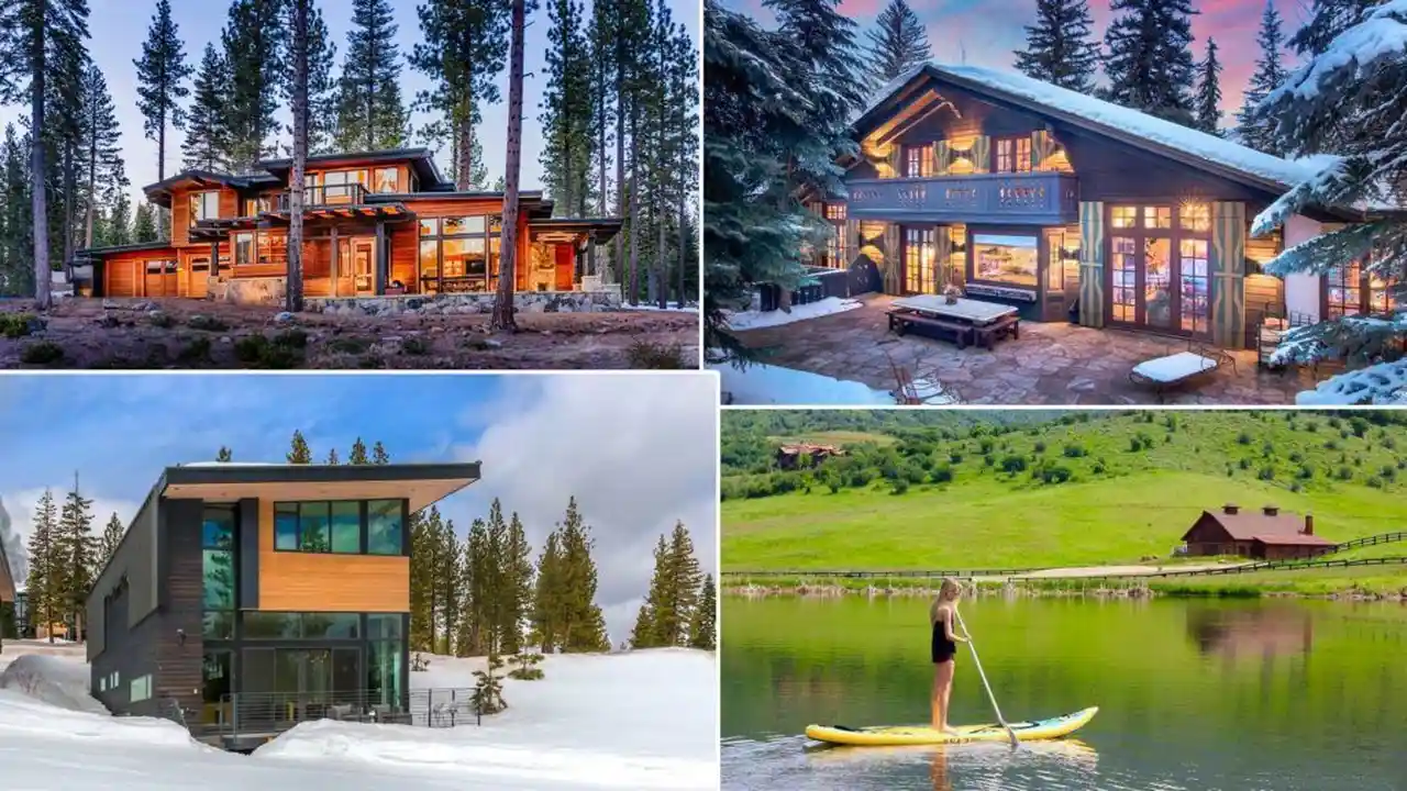 Close up on a plate of mashed potatoes, topped with baked pork chops with cream of mushroom soup, and a side of green beans.